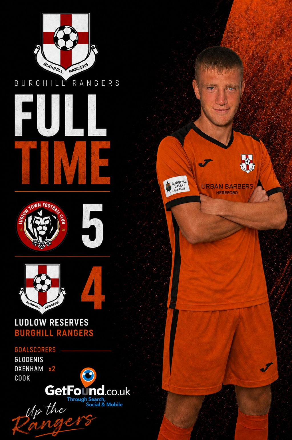 Full time graphic: Ludlow Reserves 5 Burghill Rangers 4, scorers Glodenis, Oxenham x2 and Cook